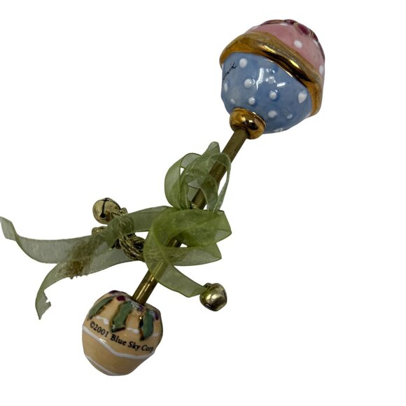 Heather Goldeminc Ceramic Baby Rattle Blue Sky Corp 2001 Polka Dot Floral Design - Picture 5 of 7